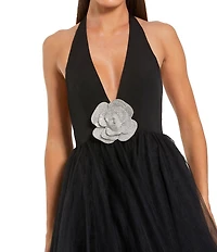 Mac Duggal Jersey Halter Ballgown With Tulle Skirt & Flower