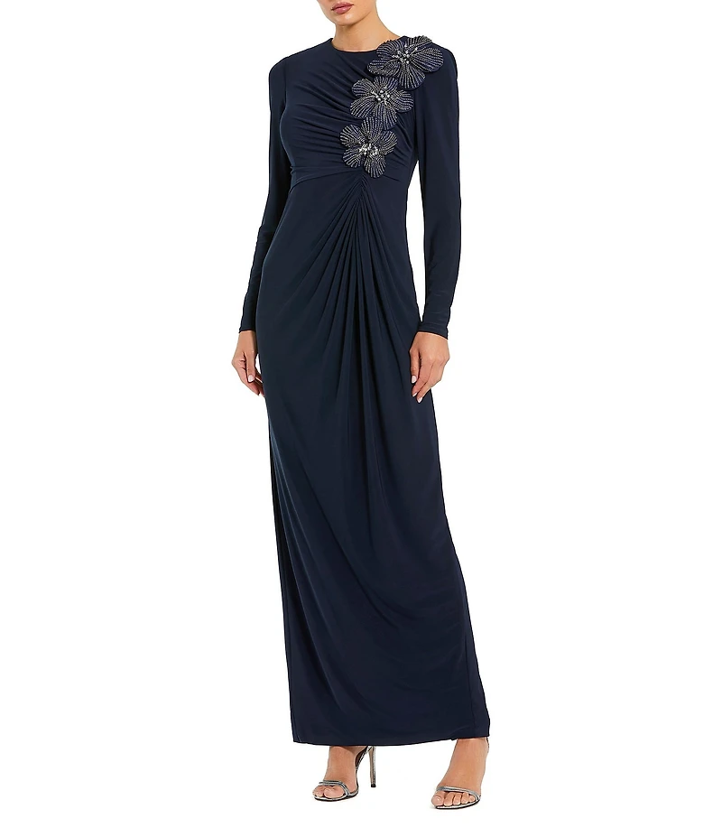 Mac Duggal Jersey High Neck Long Sleeves 3D Beaded Floral Shoulder Column Gown