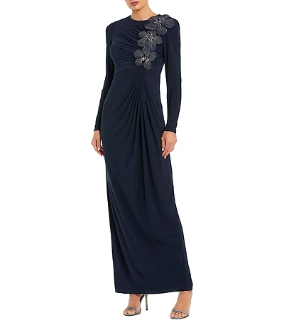 Mac Duggal Jersey High Neck Long Sleeves 3D Beaded Floral Shoulder Column Gown