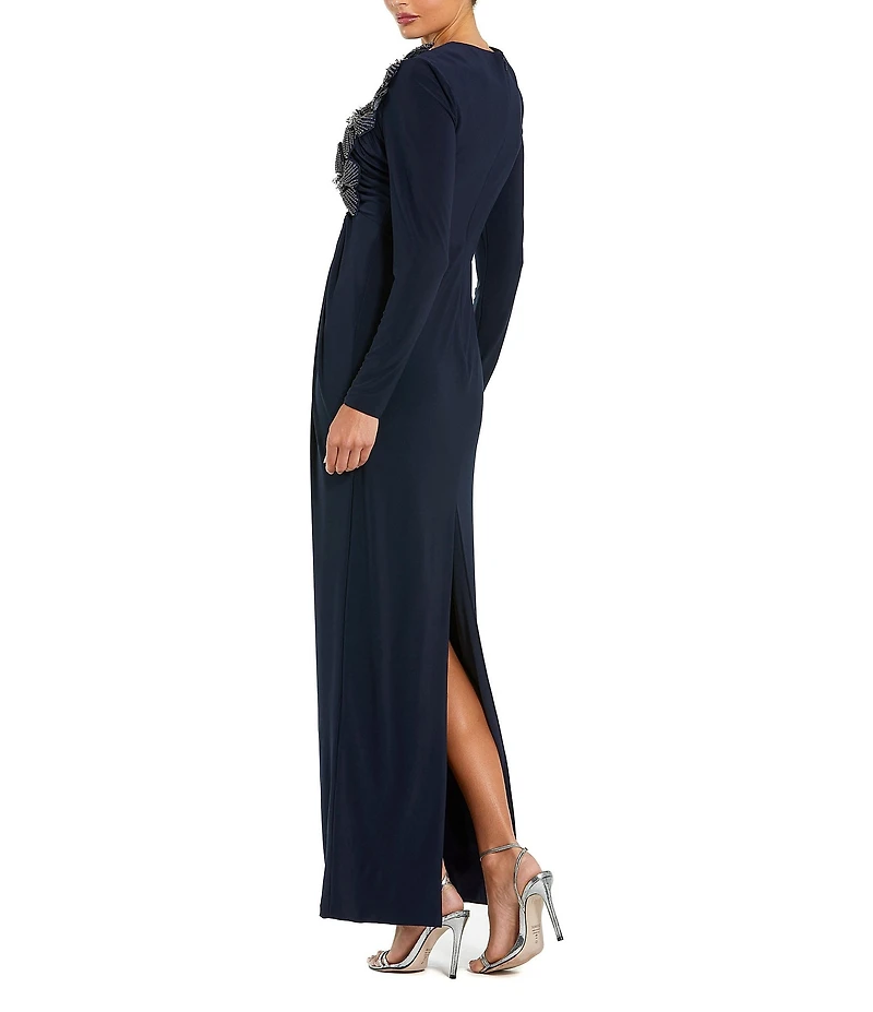Mac Duggal Jersey High Neck Long Sleeves 3D Beaded Floral Shoulder Column Gown