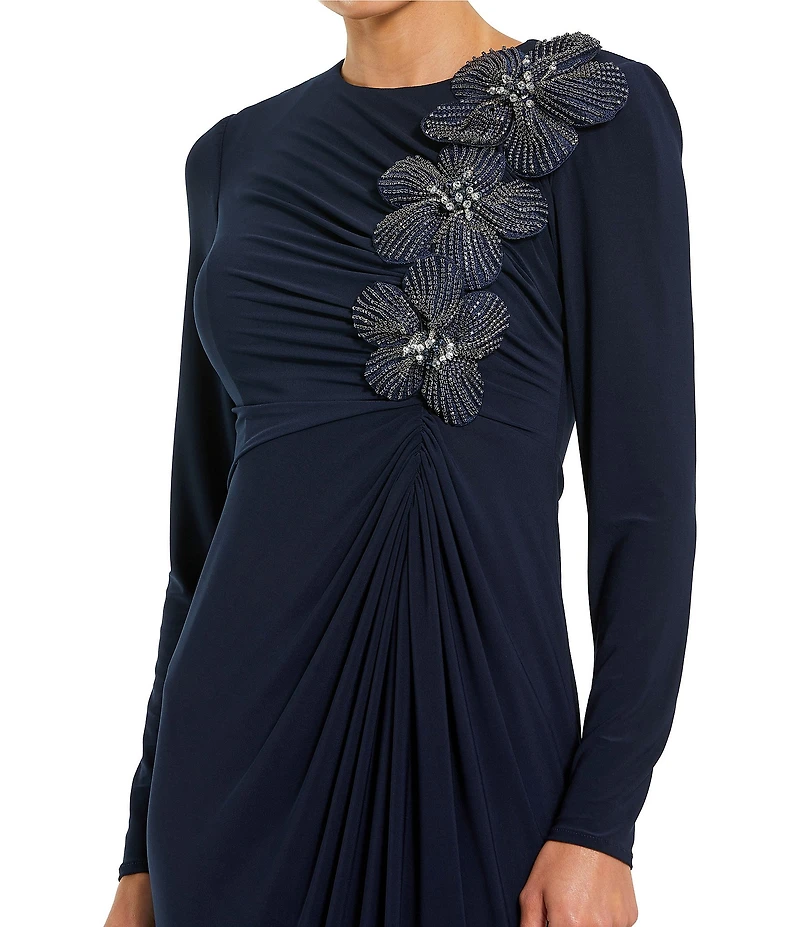 Mac Duggal Jersey High Neck Long Sleeves 3D Beaded Floral Shoulder Column Gown