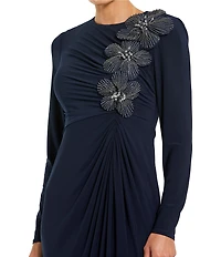 Mac Duggal Jersey High Neck Long Sleeves 3D Beaded Floral Shoulder Column Gown