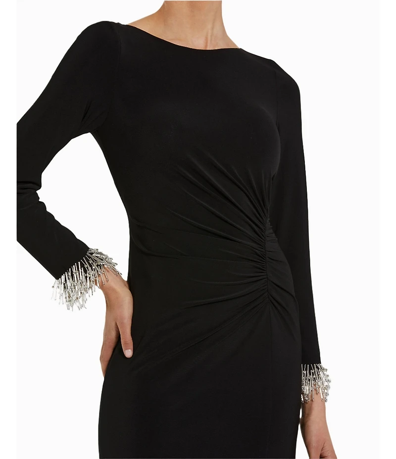 Mac Duggal Jersey Knit Boat Neck Beaded Cuff Sleeves Side Ruched Sheath Dress