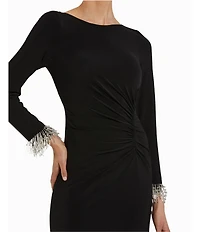 Mac Duggal Jersey Knit Boat Neck Beaded Cuff Sleeves Side Ruched Sheath Dress