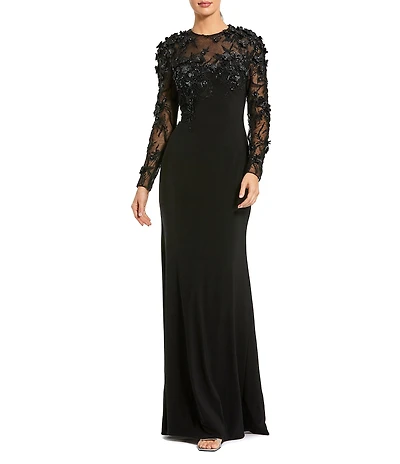 Mac Duggal Jersey Long Sleeve Fitted Floral Beading Gown