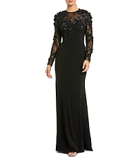 Mac Duggal Jersey Long Sleeve Fitted Floral Beading Gown