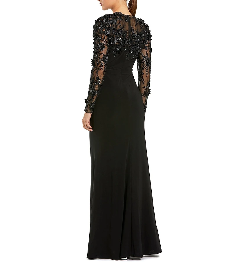 Mac Duggal Jersey Long Sleeve Fitted Floral Beading Gown