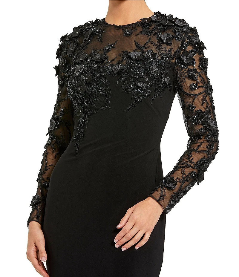 Mac Duggal Jersey Long Sleeve Fitted Floral Beading Gown