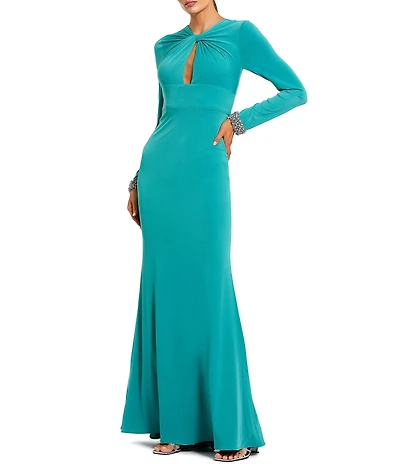 Mac Duggal Jersey Long Sleeve Twist Neck Long Gown
