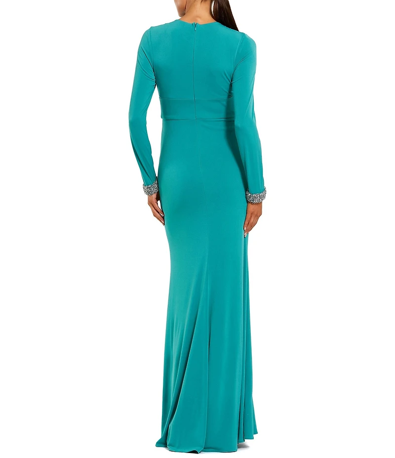 Mac Duggal Jersey Long Sleeve Twist Neck Long Gown