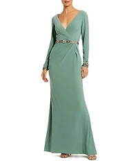 Mac Duggal Jersey Long Sleeve V Neck Beaded Belt Gown