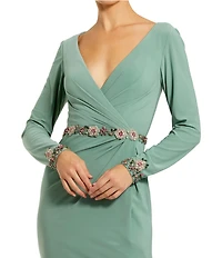 Mac Duggal Jersey Long Sleeve V Neck Beaded Belt Gown
