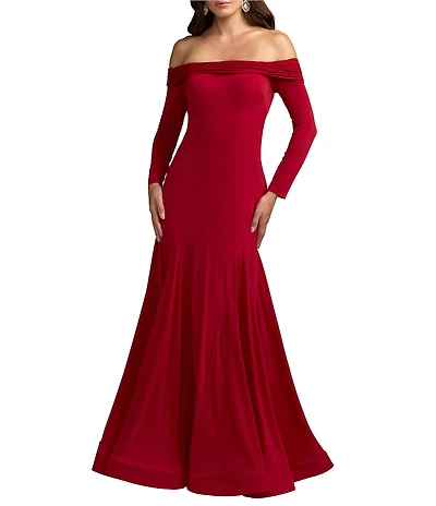 Mac Duggal Jersey Off-The-Shoulder Long Sleeve Trumpet Gown