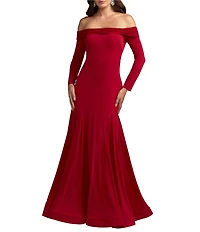 Mac Duggal Jersey Off-The-Shoulder Long Sleeve Trumpet Gown