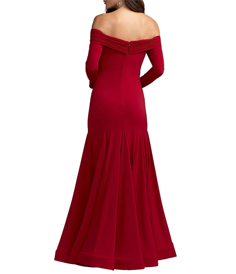 Mac Duggal Jersey Off-The-Shoulder Long Sleeve Trumpet Gown