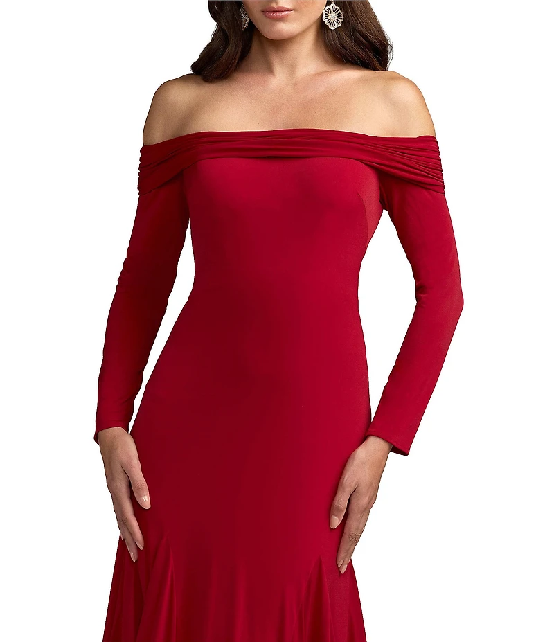 Mac Duggal Jersey Off-The-Shoulder Long Sleeve Trumpet Gown