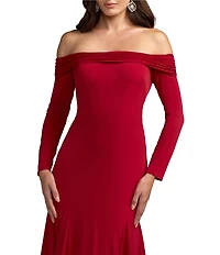 Mac Duggal Jersey Off-The-Shoulder Long Sleeve Trumpet Gown