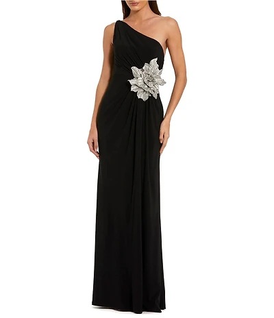 Mac Duggal Jersey One Shoulder Gown With Rhinestone Flower