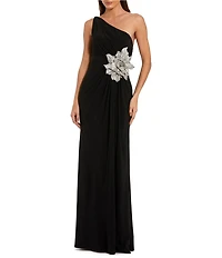 Mac Duggal Jersey One Shoulder Gown With Rhinestone Flower