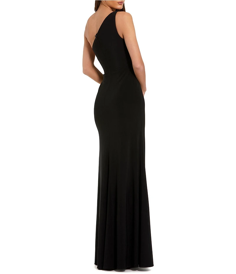 Mac Duggal Jersey One Shoulder Gown With Rhinestone Flower