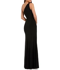 Mac Duggal Jersey One Shoulder Gown With Rhinestone Flower