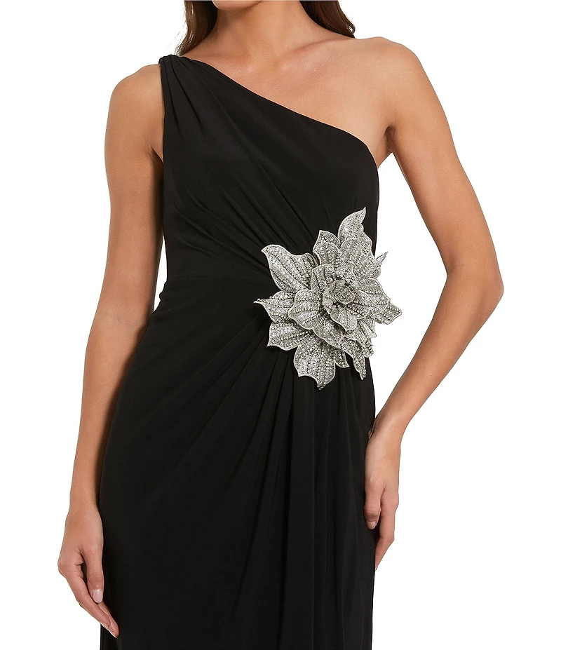 Mac Duggal Jersey One Shoulder Gown With Rhinestone Flower