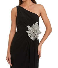 Mac Duggal Jersey One Shoulder Gown With Rhinestone Flower