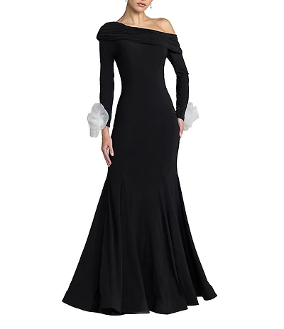 Mac Duggal Jersey One Shoulder Long Sleeve Gown With Floral Applique