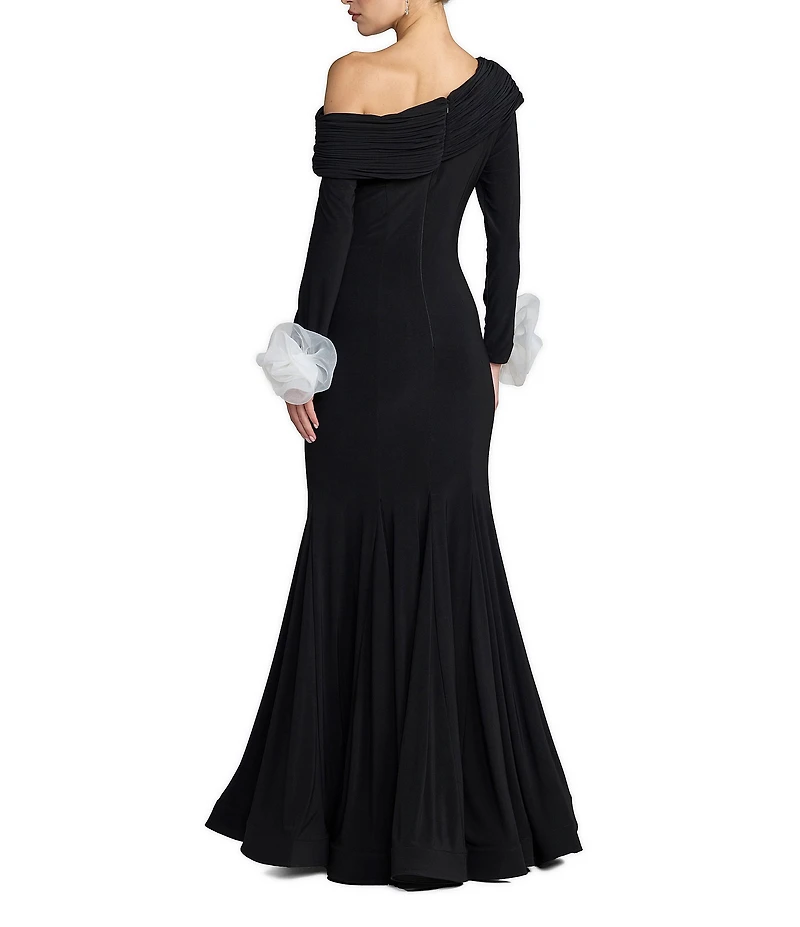 Mac Duggal Jersey One Shoulder Long Sleeve Gown With Floral Applique