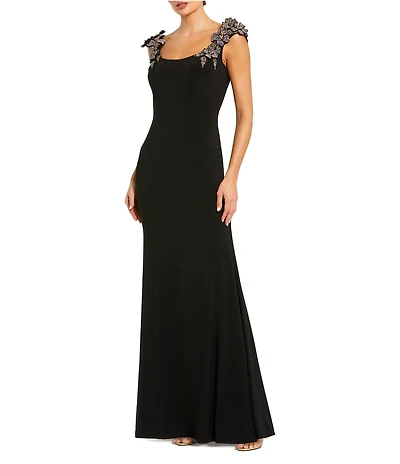 Mac Duggal Jersey Scoop Neck Gown With 3D Flower Details
