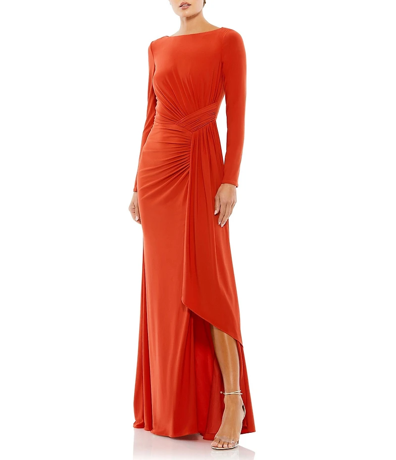Mac Duggal Jersey Side Ruched Crew Neck Long Sleeve High Slit Faux Wrap Gown