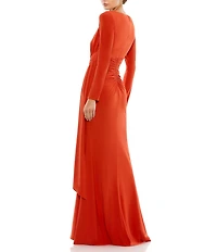 Mac Duggal Jersey Side Ruched Crew Neck Long Sleeve High Slit Faux Wrap Gown