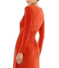 Mac Duggal Jersey Side Ruched Crew Neck Long Sleeve High Slit Faux Wrap Gown