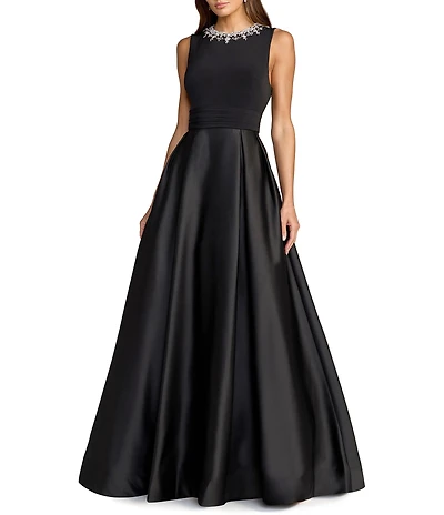 Mac Duggal Jersey Sleeveless Satin Square Neck Gown