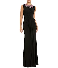 Mac Duggal Jersey Twist Floral Beaded Neckline Gown