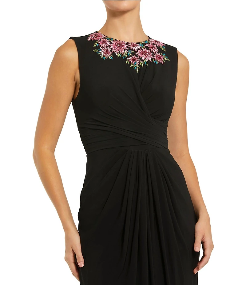 Mac Duggal Jersey Twist Floral Beaded Neckline Gown