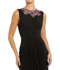 Mac Duggal Jersey Twist Floral Beaded Neckline Gown