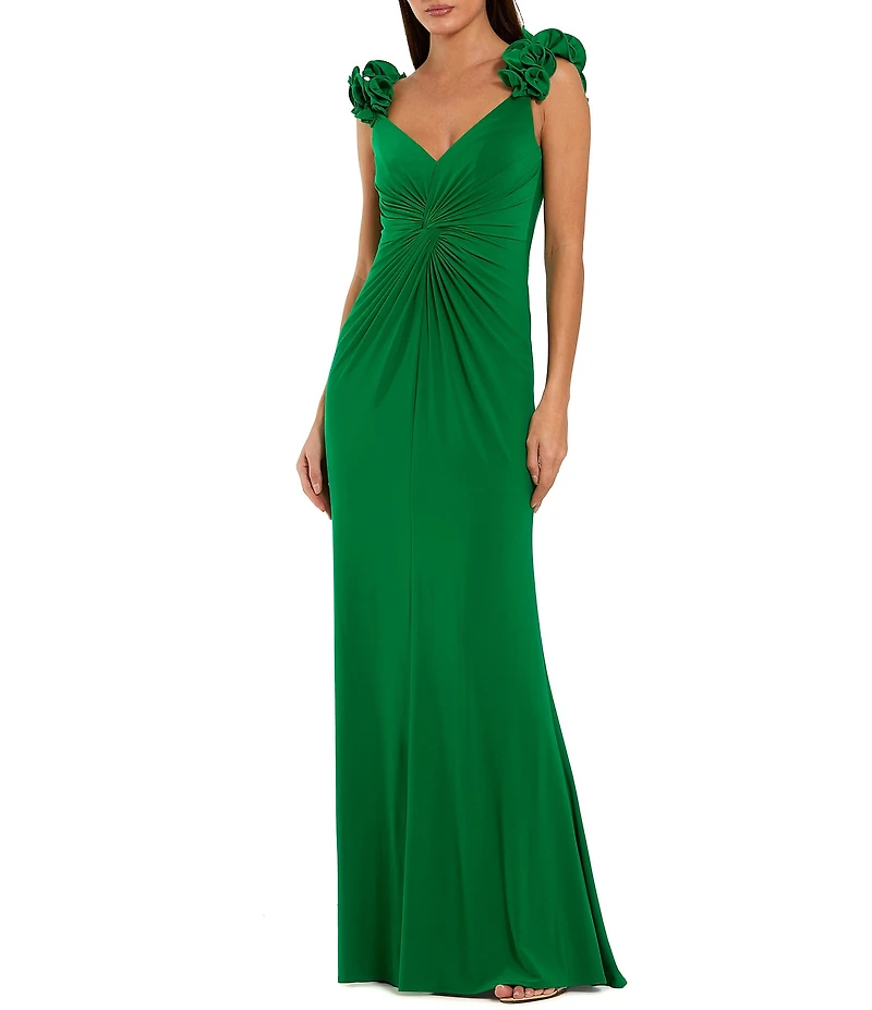 Mac Duggal Jersey V Neck Long Gown With 3D Flower Straps