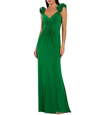 Mac Duggal Jersey V Neck Long Gown With 3D Flower Straps