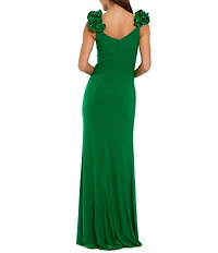Mac Duggal Jersey V Neck Long Gown With 3D Flower Straps