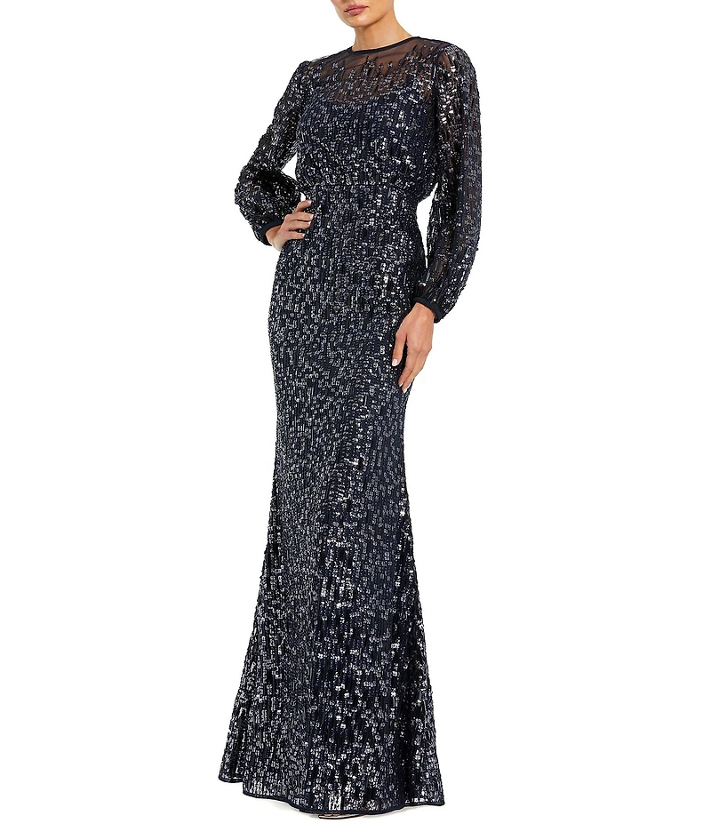 Mac Duggal Jewel Neck Balloon Sleeve Beaded Mesh Blouson Gown