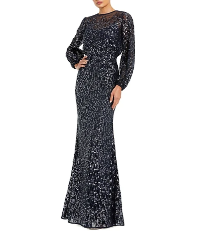 Mac Duggal Jewel Neck Balloon Sleeve Beaded Mesh Blouson Gown