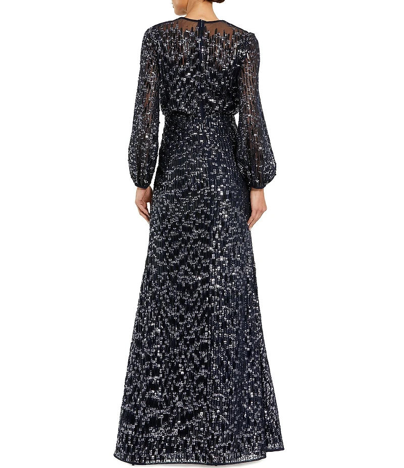 Mac Duggal Jewel Neck Balloon Sleeve Beaded Mesh Blouson Gown