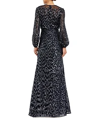 Mac Duggal Jewel Neck Balloon Sleeve Beaded Mesh Blouson Gown