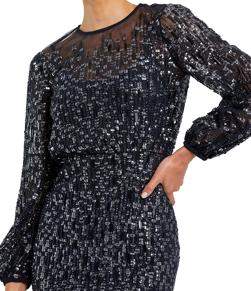 Mac Duggal Jewel Neck Balloon Sleeve Beaded Mesh Blouson Gown