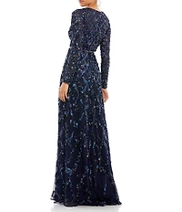 Mac Duggal Round Neck Embellished Mesh Illusion Long Sleeve A-line Gown