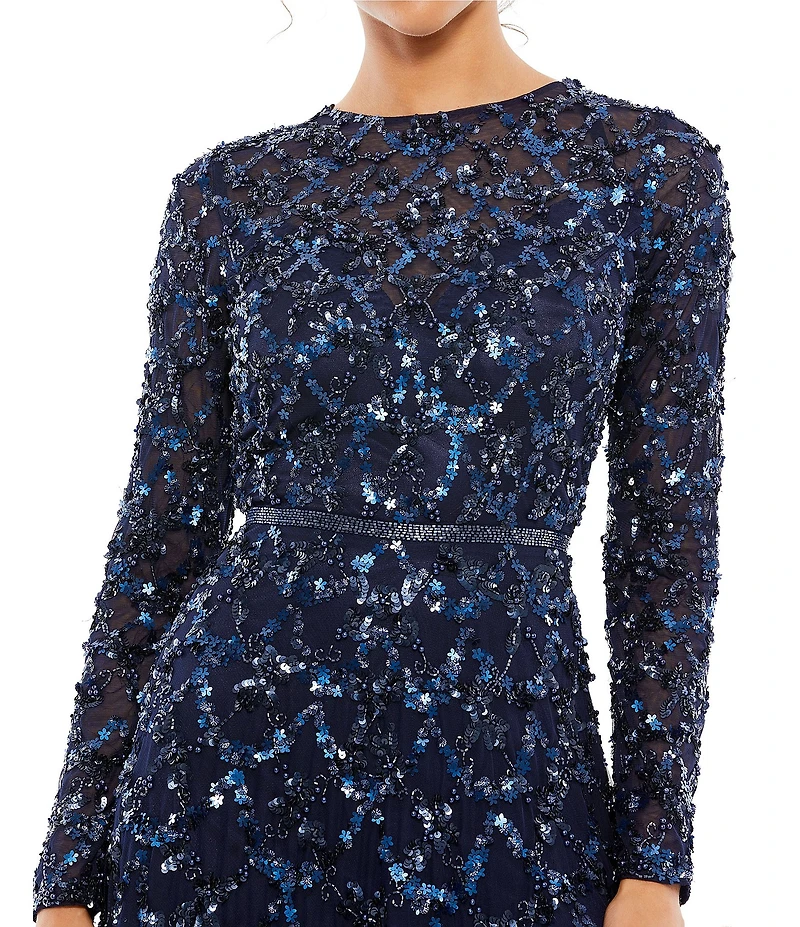Mac Duggal Round Neck Embellished Mesh Illusion Long Sleeve A-line Gown