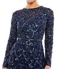 Mac Duggal Round Neck Embellished Mesh Illusion Long Sleeve A-line Gown