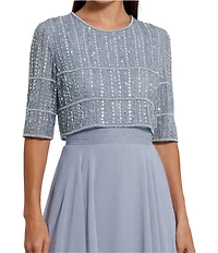 Mac Duggal Crew Neck Half Sleeve Beaded Bodice A-Line Gown