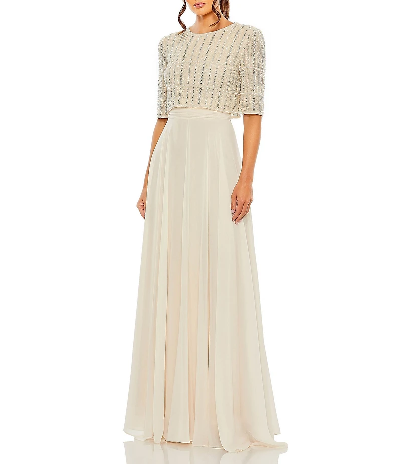 Mac Duggal Crew Neck Half Sleeve Beaded Bodice A-Line Gown